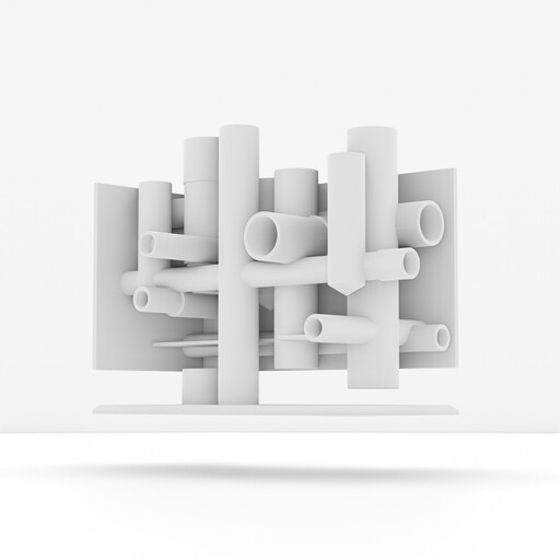 Abstract white sculpture of interlocking cylindrical tubes mounted on a flat base.
