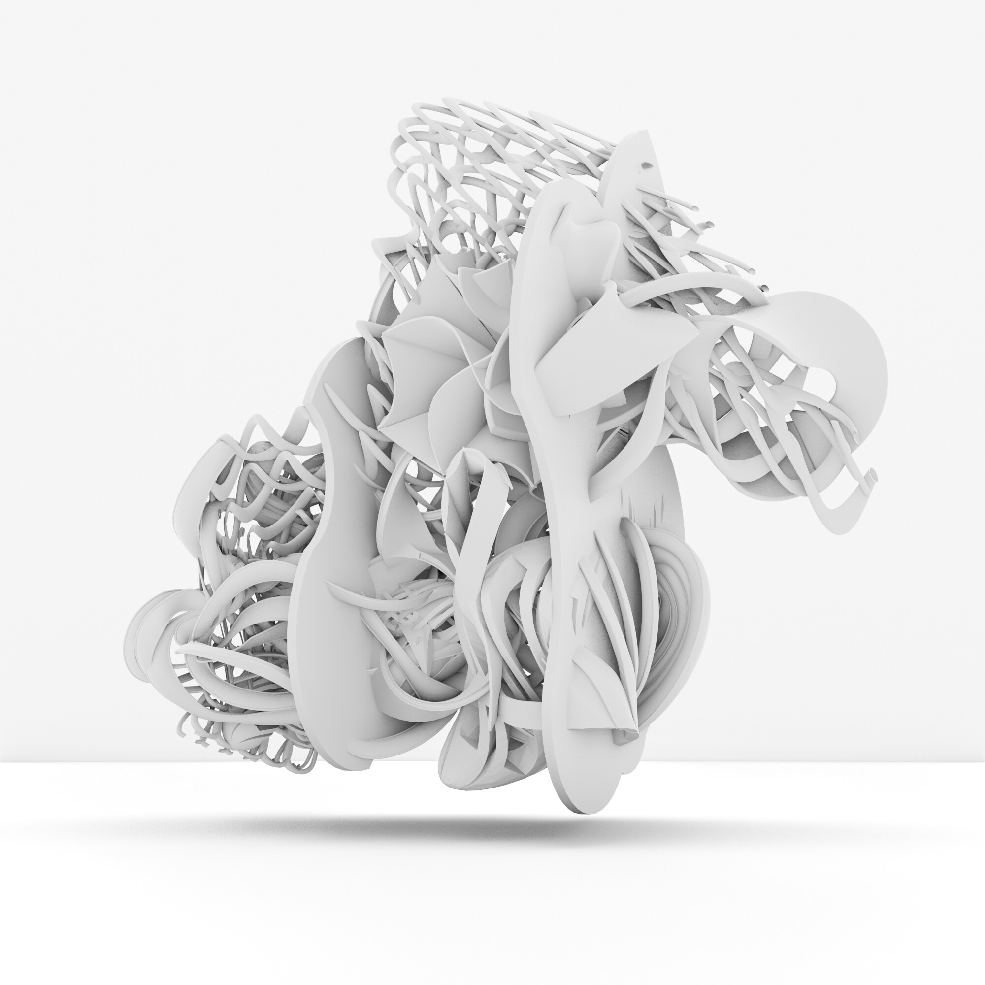 A complex white 3D abstract sculpture with intertwined and overlapping shapes on a plain background.