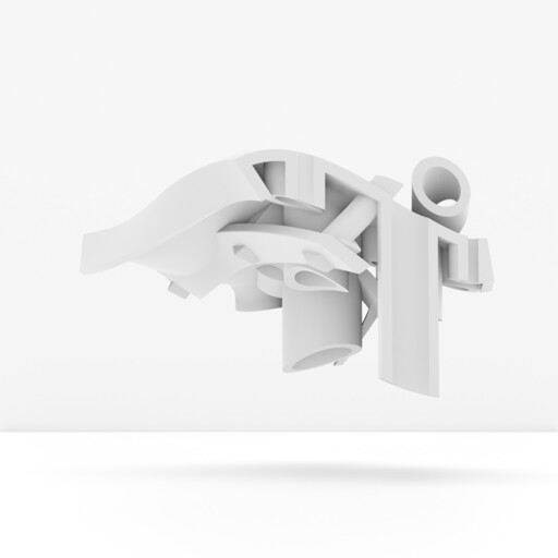 White abstract 3D mechanical assembly of curved and cylindrical parts hovering above a white surface.