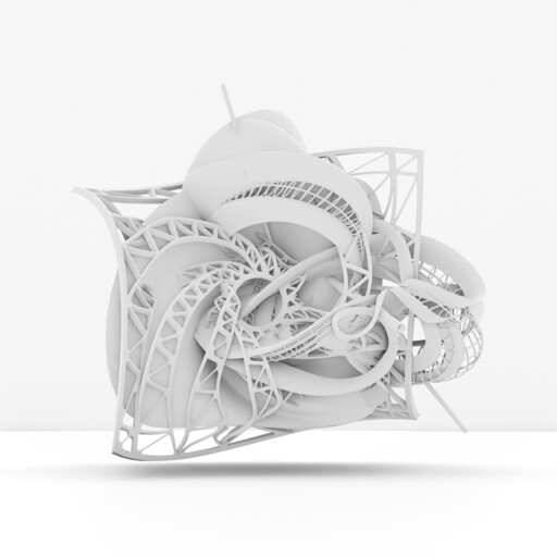A complex white architectural sculpture with looping curved beams, lattice supports, and intertwined ribbon-like forms.