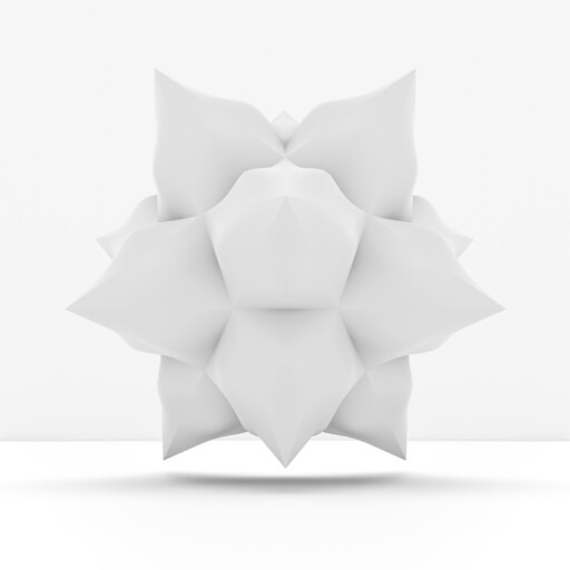 A floating white geometric star-like sculpture with pointed spikes casting a soft shadow below.