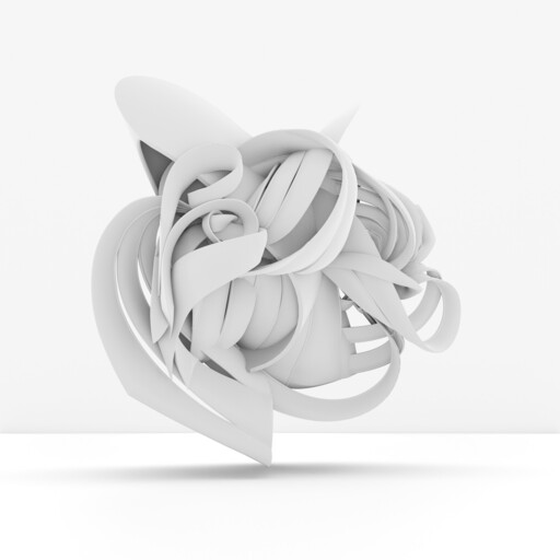 Abstract white ribbon-like sculpture floats above a surface casting a soft shadow below.