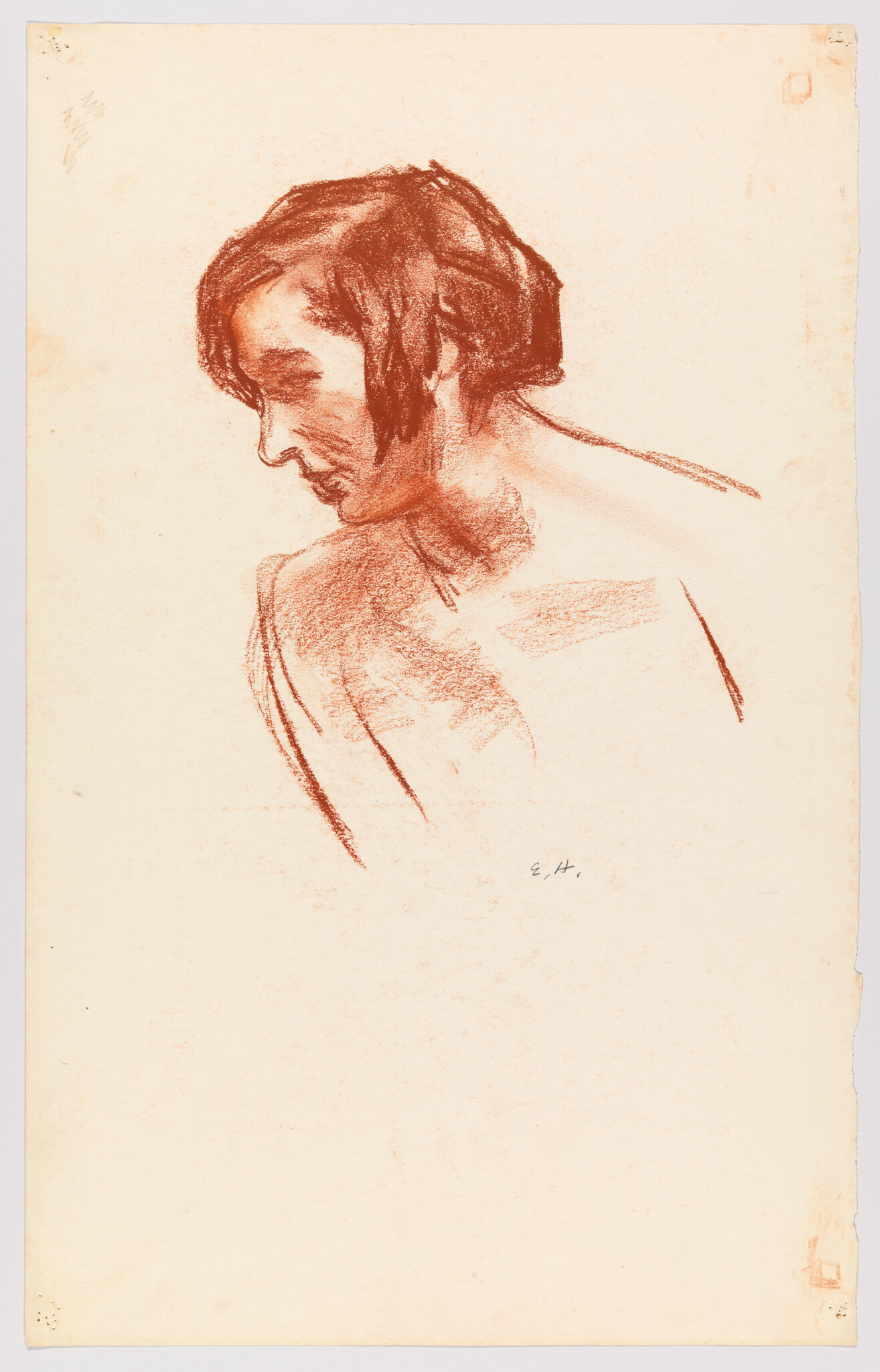 A red chalk sketch of a woman’s head and bare shoulders looking downward to the left.