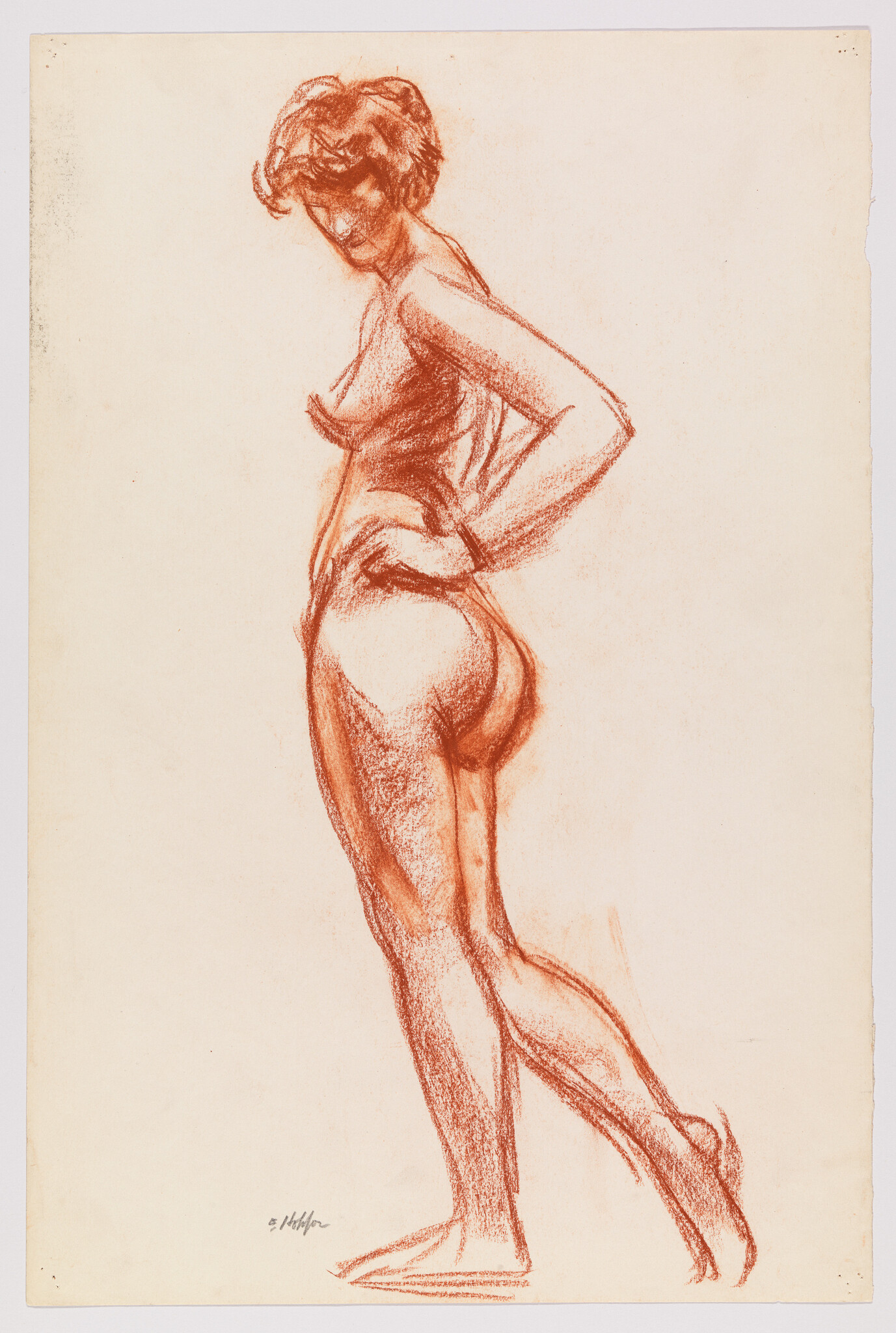 A red chalk sketch of a standing nude woman with her hands on her hips.