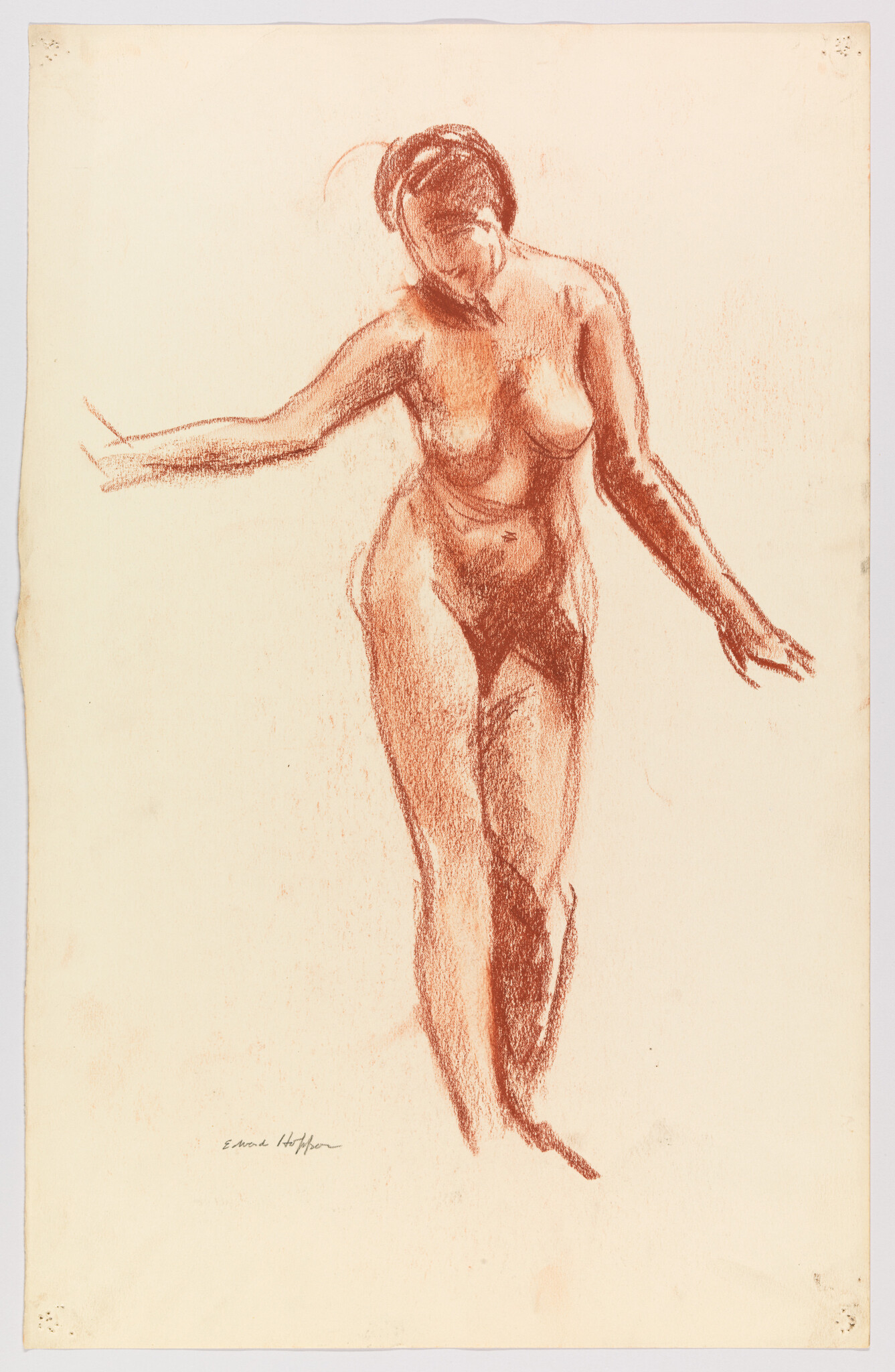 Nude woman standing with arms extended in a red chalk figure drawing.