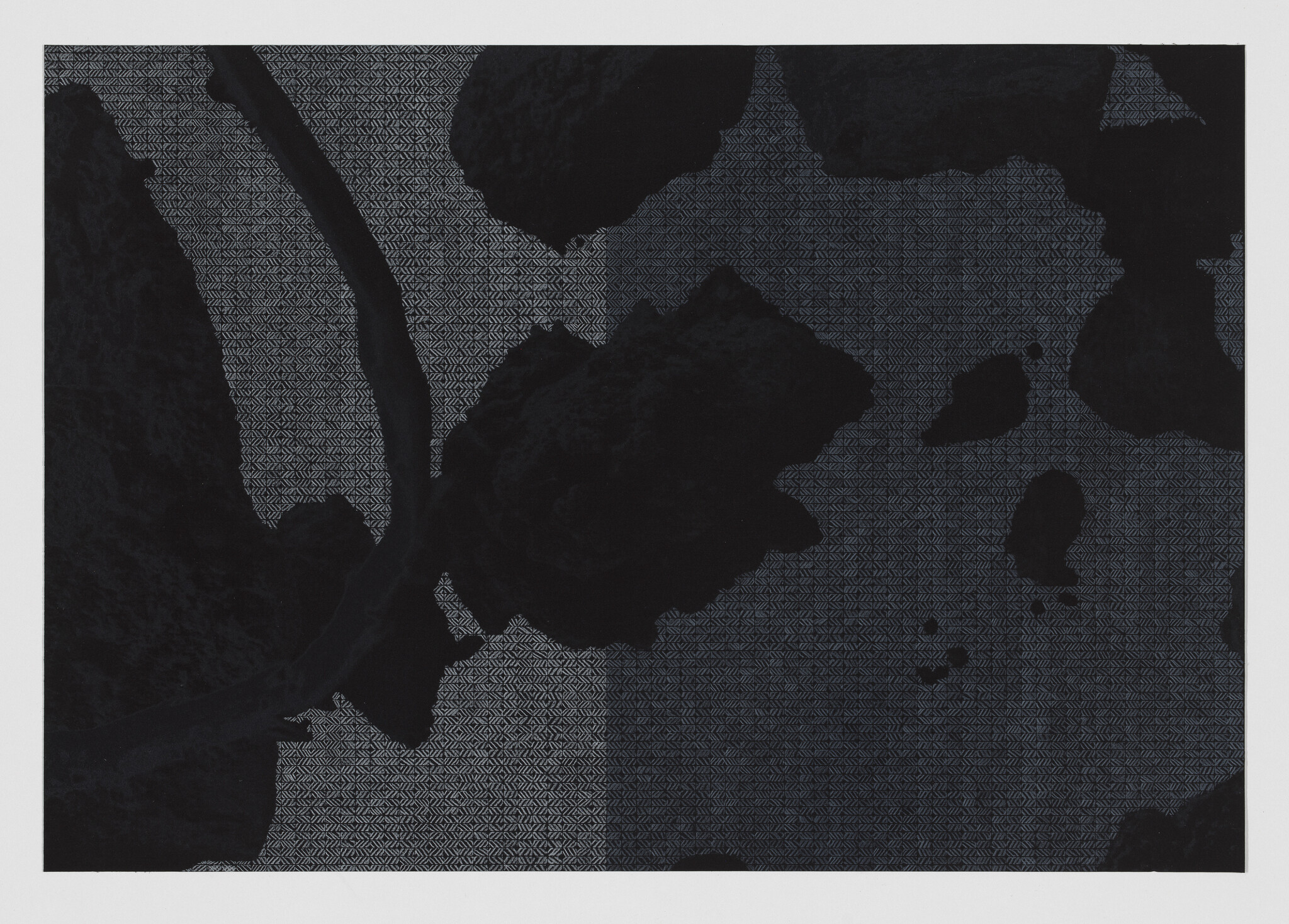 Several large dark blotches and a winding black stem overlay a textured gray geometric background.