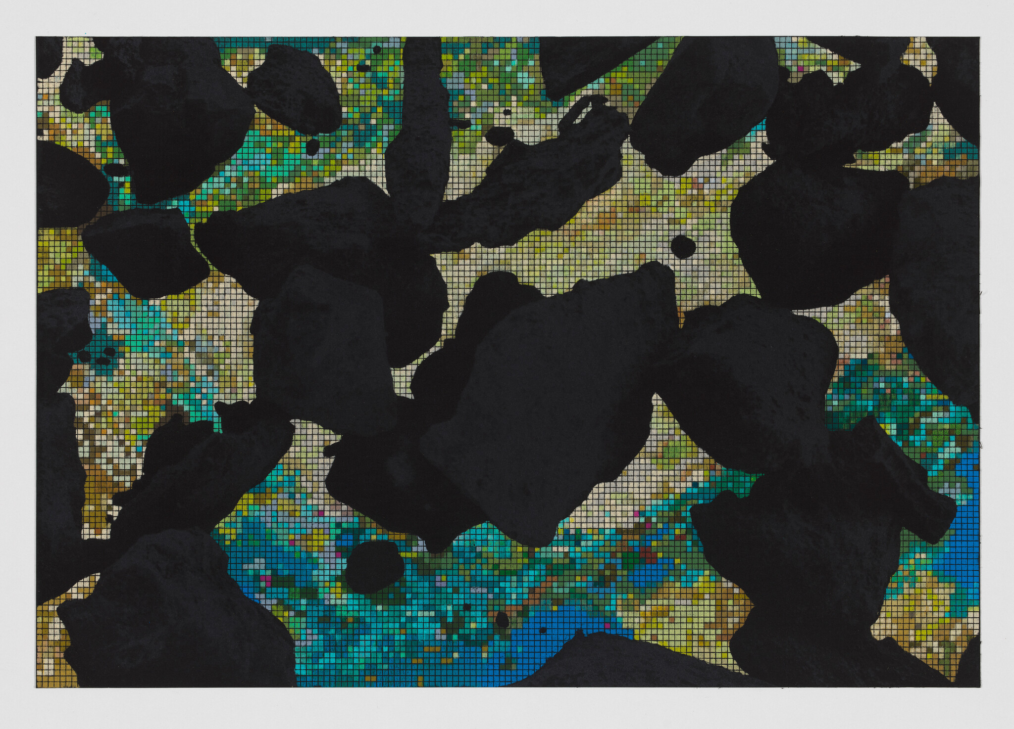 Large irregular black shapes cover a colorful mosaic grid of small blue, green, and gold squares.