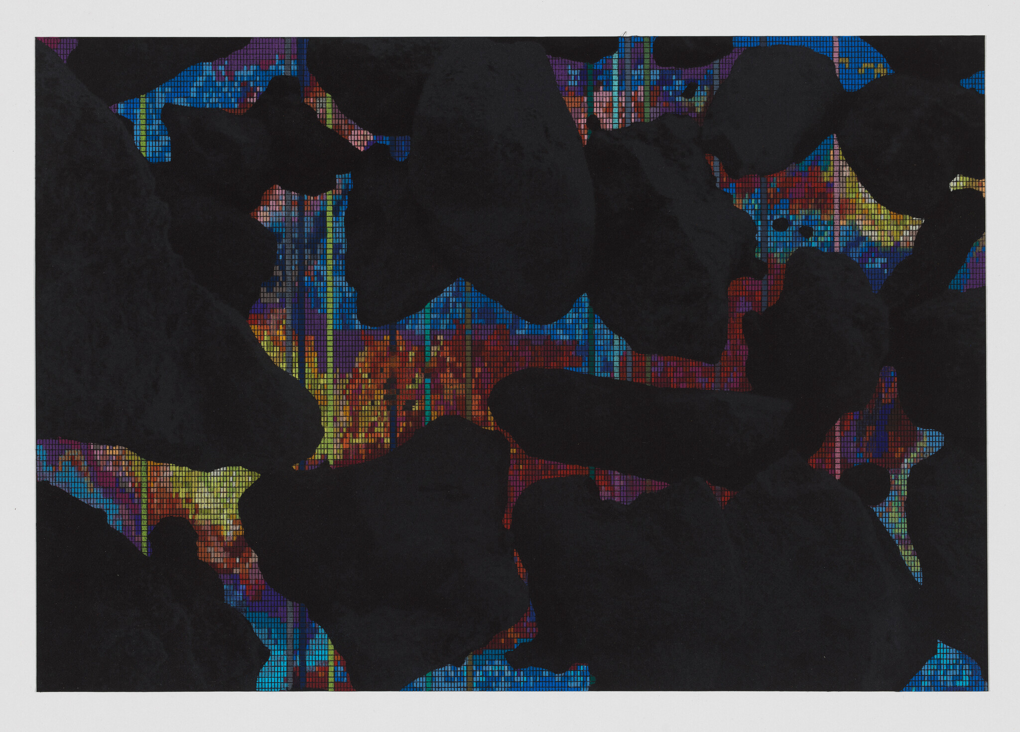 Large irregular black shapes overlay a colorful pixelated mosaic background across the canvas.