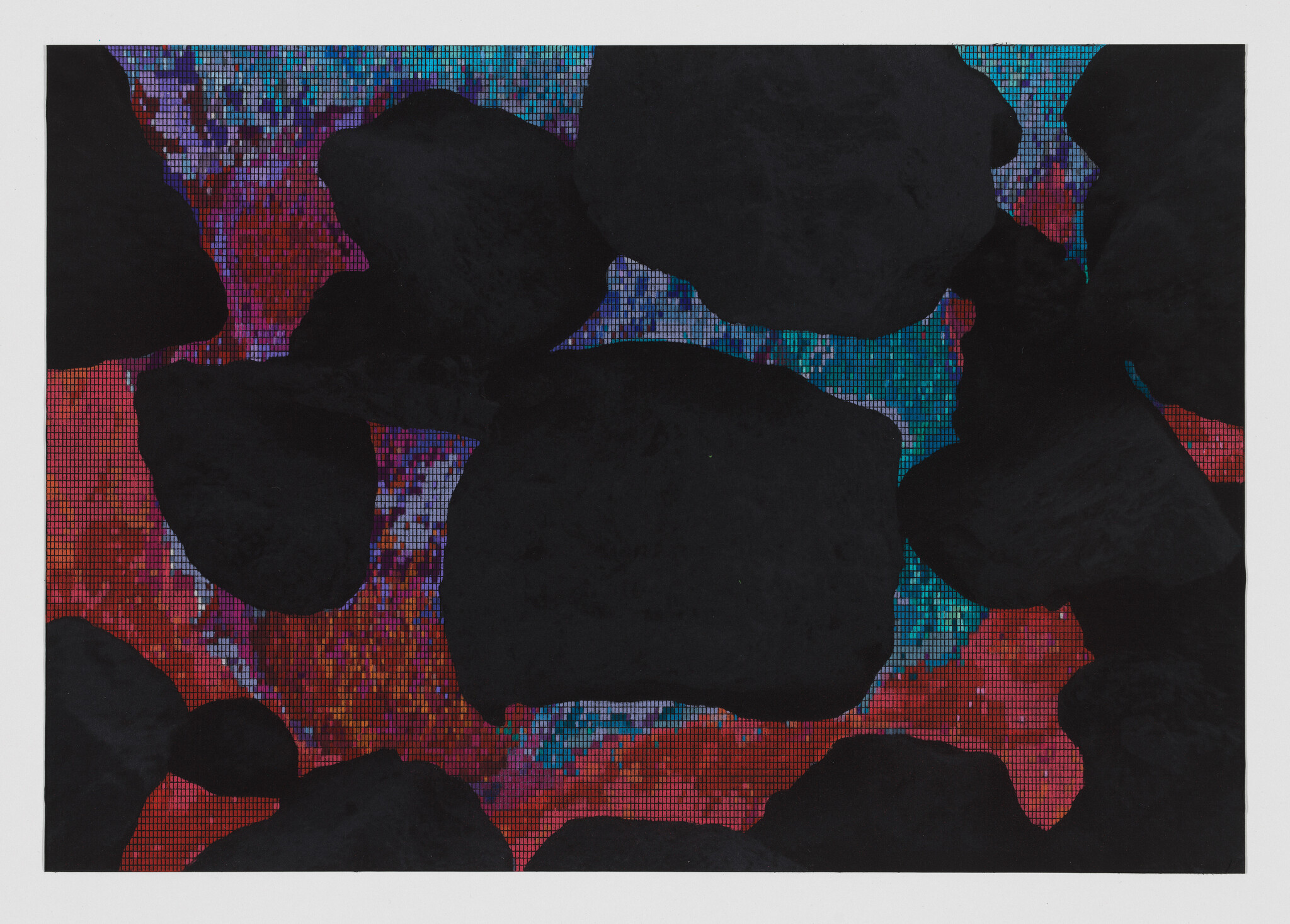 Large irregular black stones overlay a colorful blue and red pixelated mosaic background.