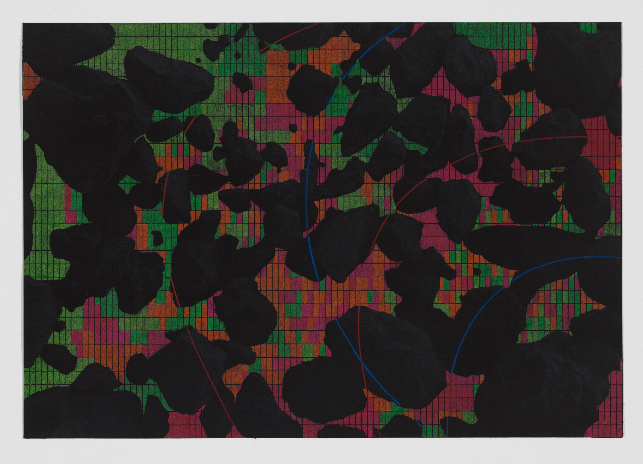 Abstract artwork with black shapes overlaying a colorful grid pattern, accented with thin, bright lines.