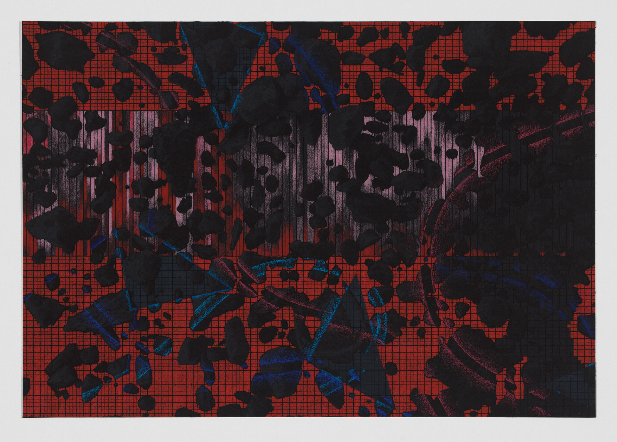 Dark irregular shapes and blue accents scatter across a red grid background with vertical purple streaks.