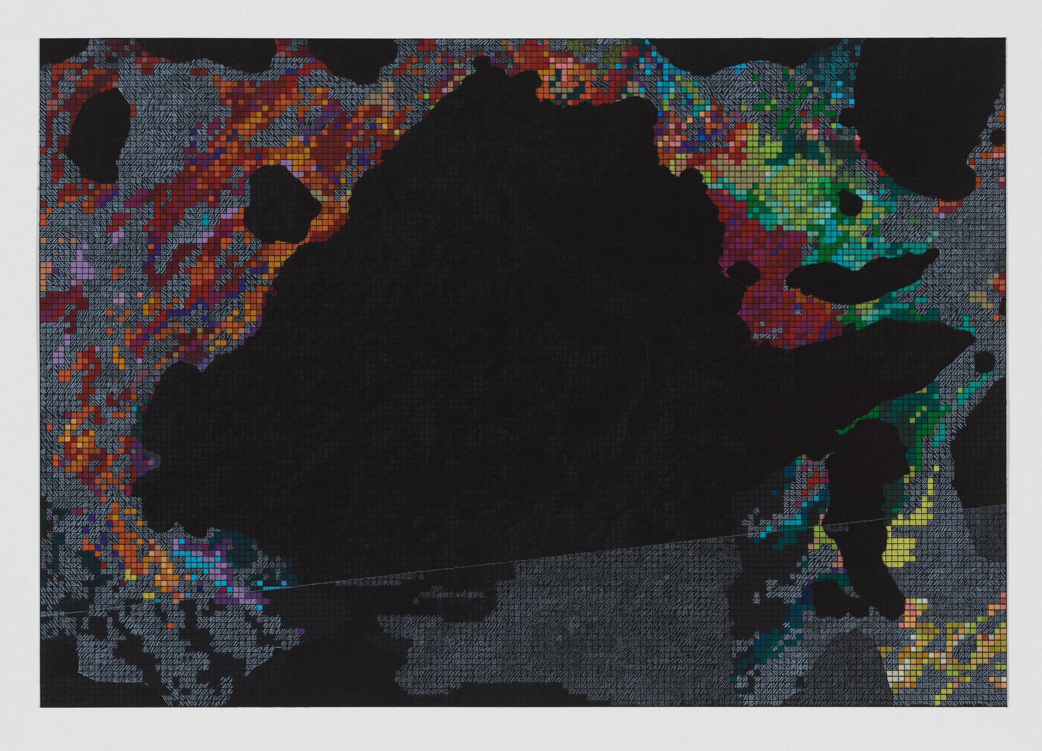 Bright multicolored grid tiles trace irregular shapes around a large solid black central area.