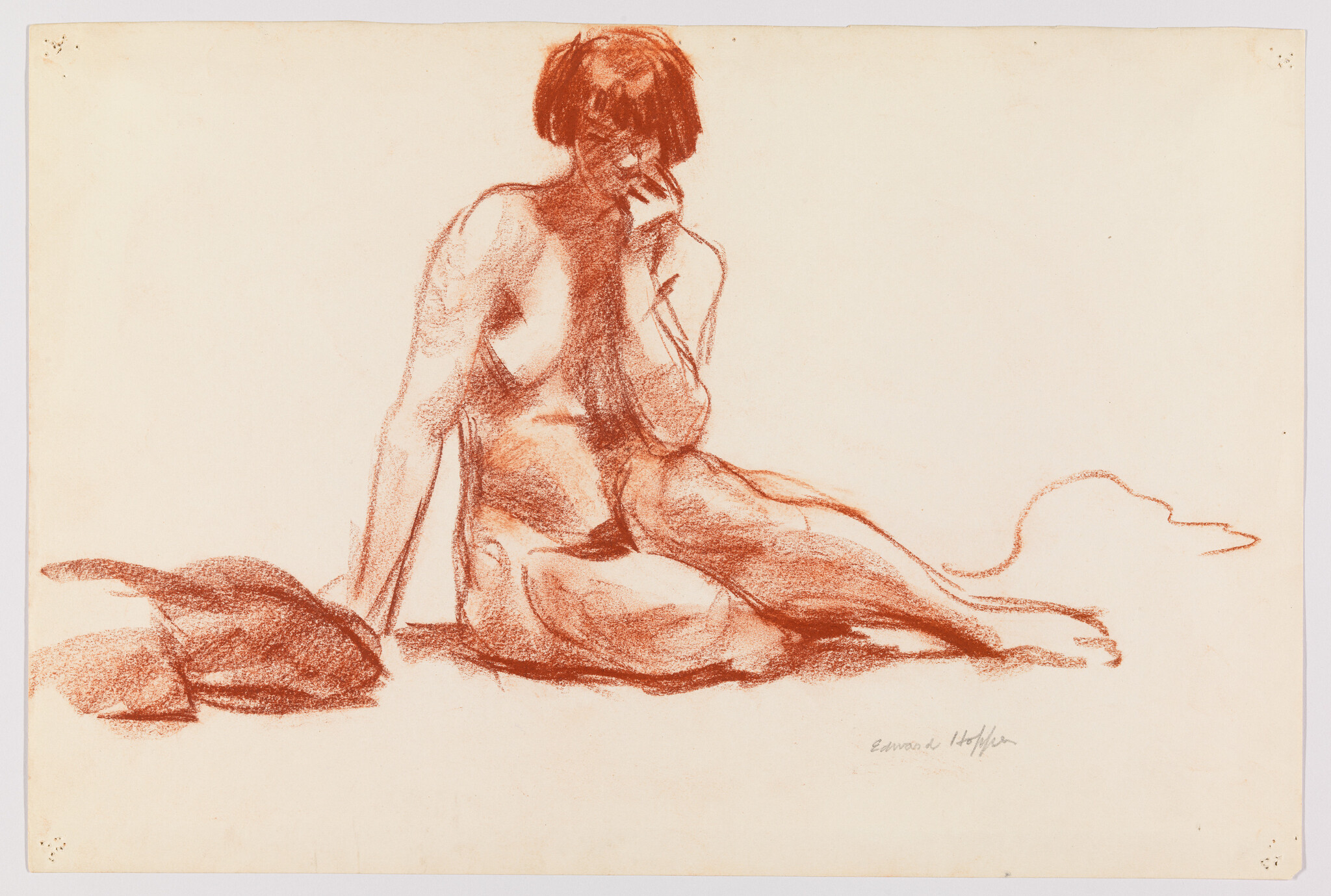 Seated nude woman with short hair resting one hand behind her and the other near her face.