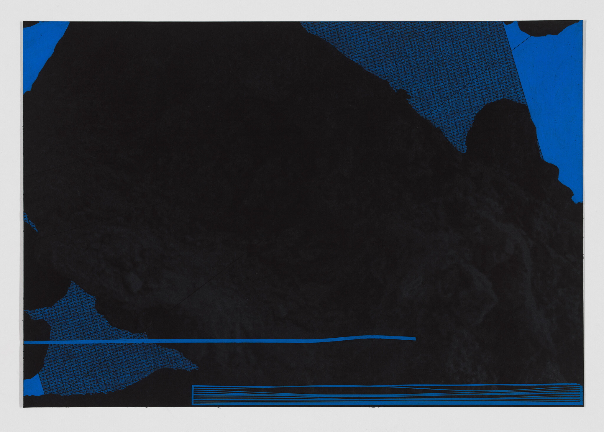 Large irregular black shape dominates the composition with blue grid patterns and thin horizontal blue lines.