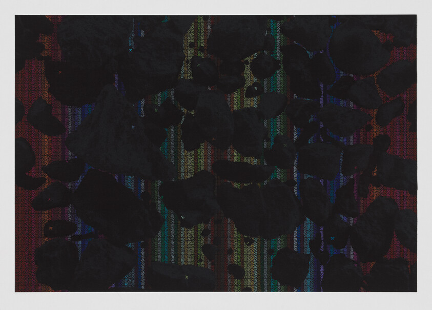 Dark irregular shapes scattered over a colorful vertical striped textile pattern.