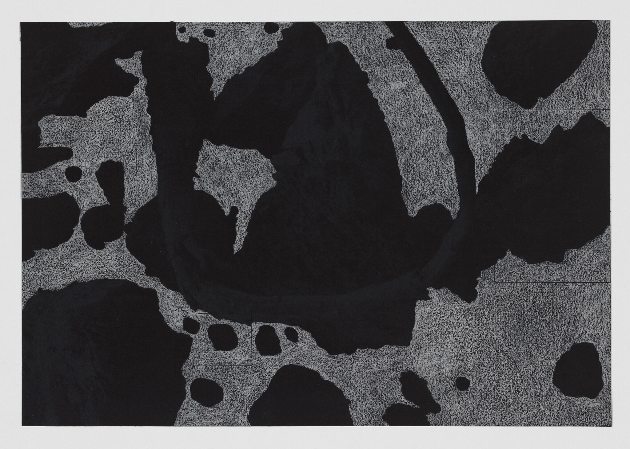 Large irregular black shapes surround a textured gray background, resembling islands and ponds.