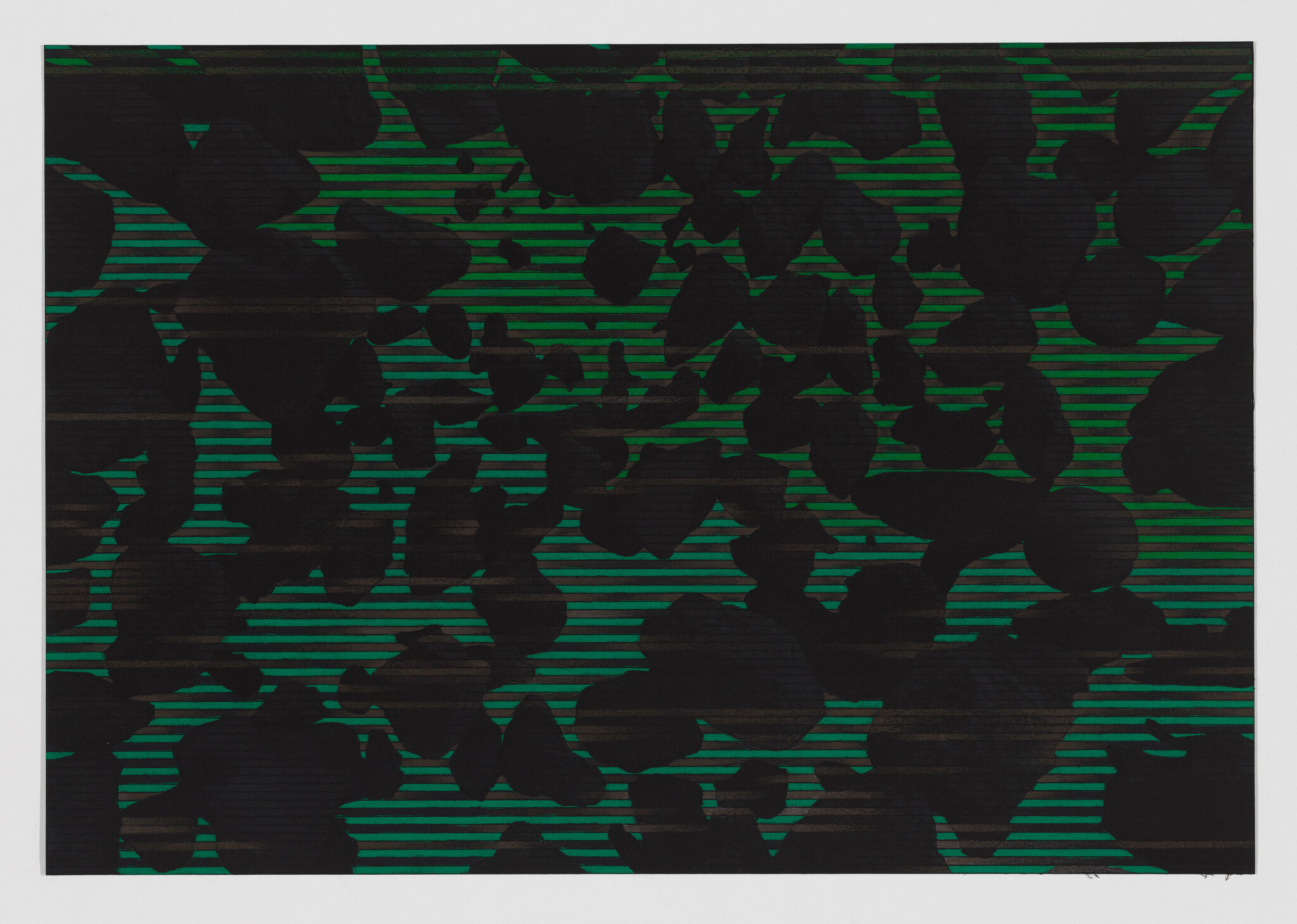 Black irregular shapes overlay green horizontal stripes creating a high-contrast abstract pattern.