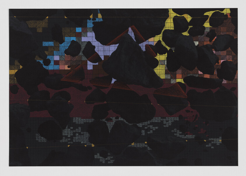 Dark abstract composition with black cloud-like shapes over colorful grid and triangular forms.