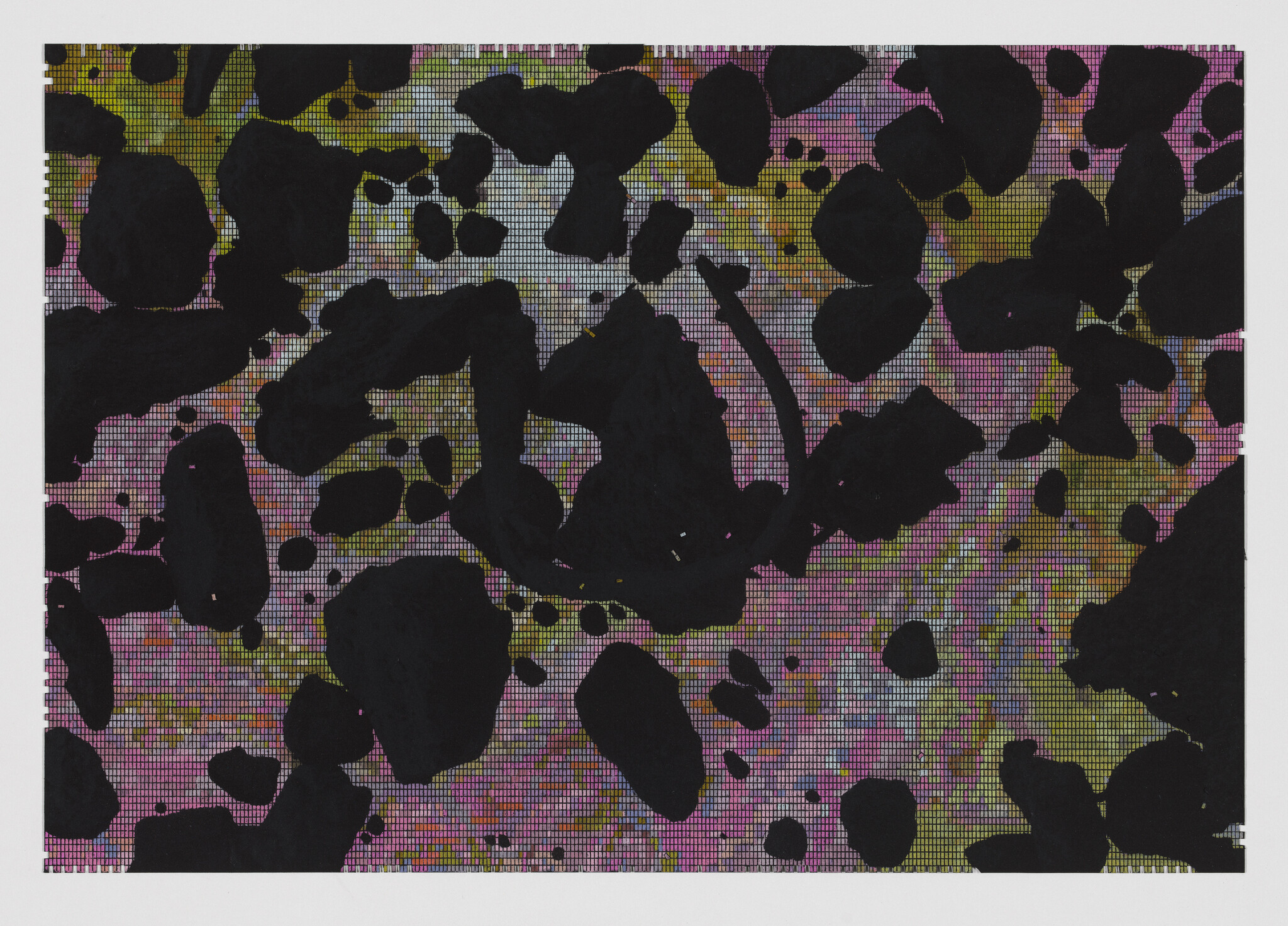 Black irregular spots overlay a colorful grid of small squares in pink, yellow, and green.