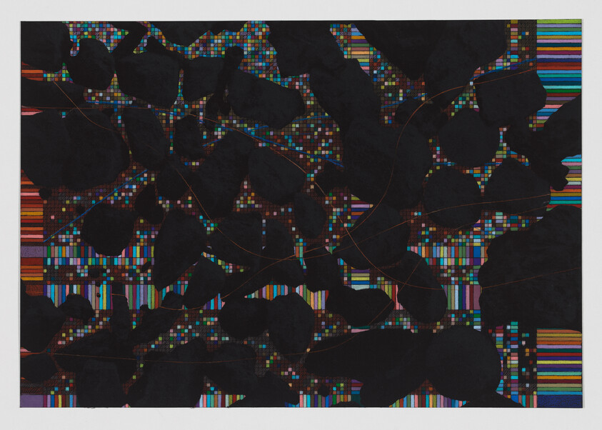 Dark organic shapes overlay a bright multicolored pixel grid with vertical striped borders.