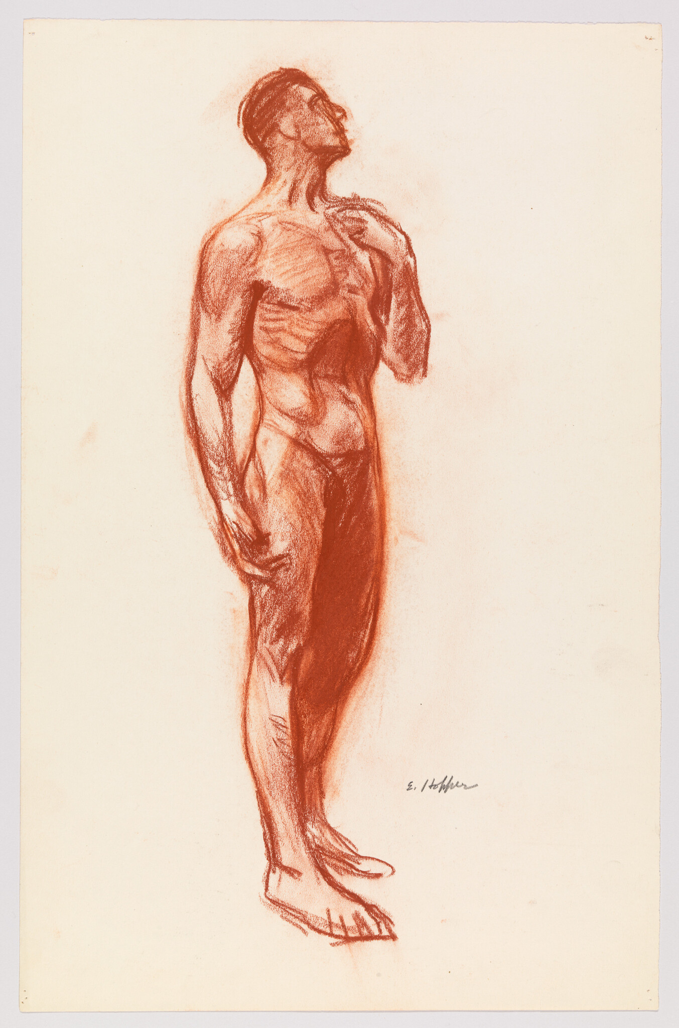 Nude man standing with hand on his chest, looking upward, drawn in red chalk.