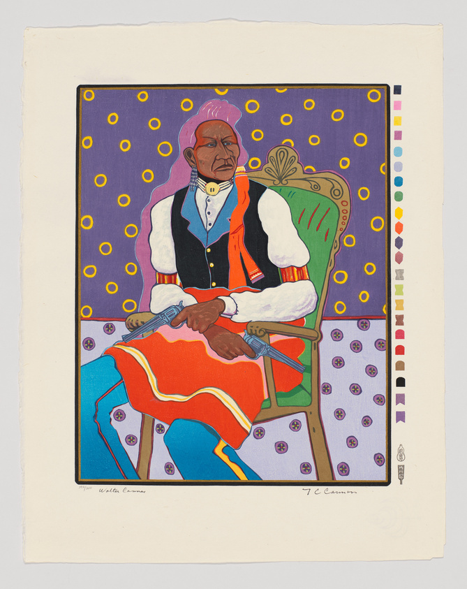 Illustration of a seated elder man in traditional attire with a colorful patterned background.