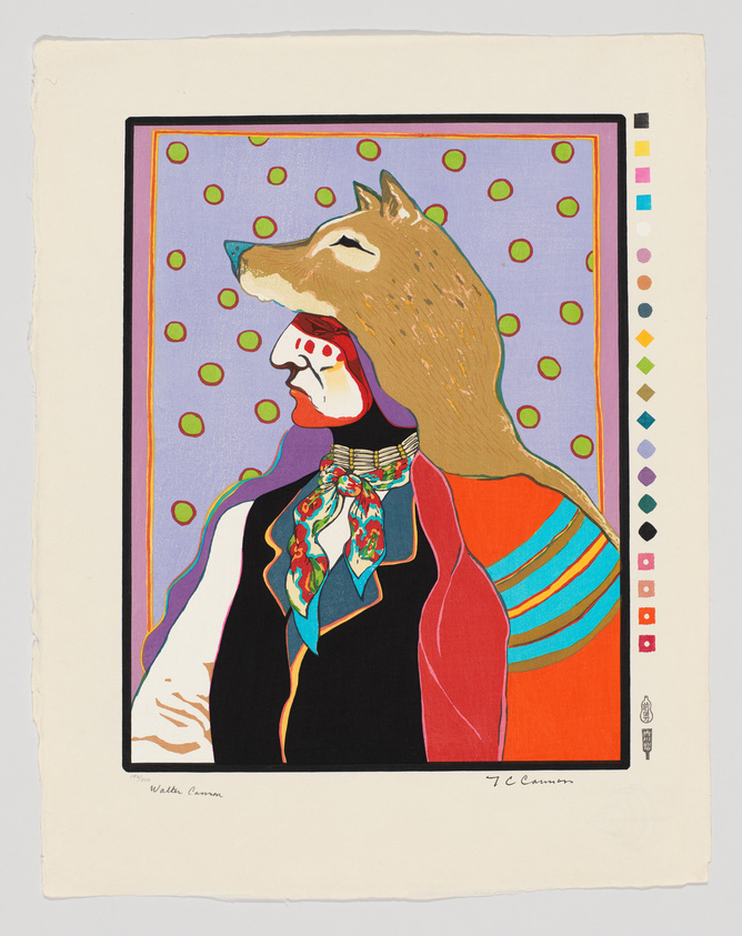 Illustration of a coyote-headed figure in a colorful suit with a patterned background and color swatches on the side.