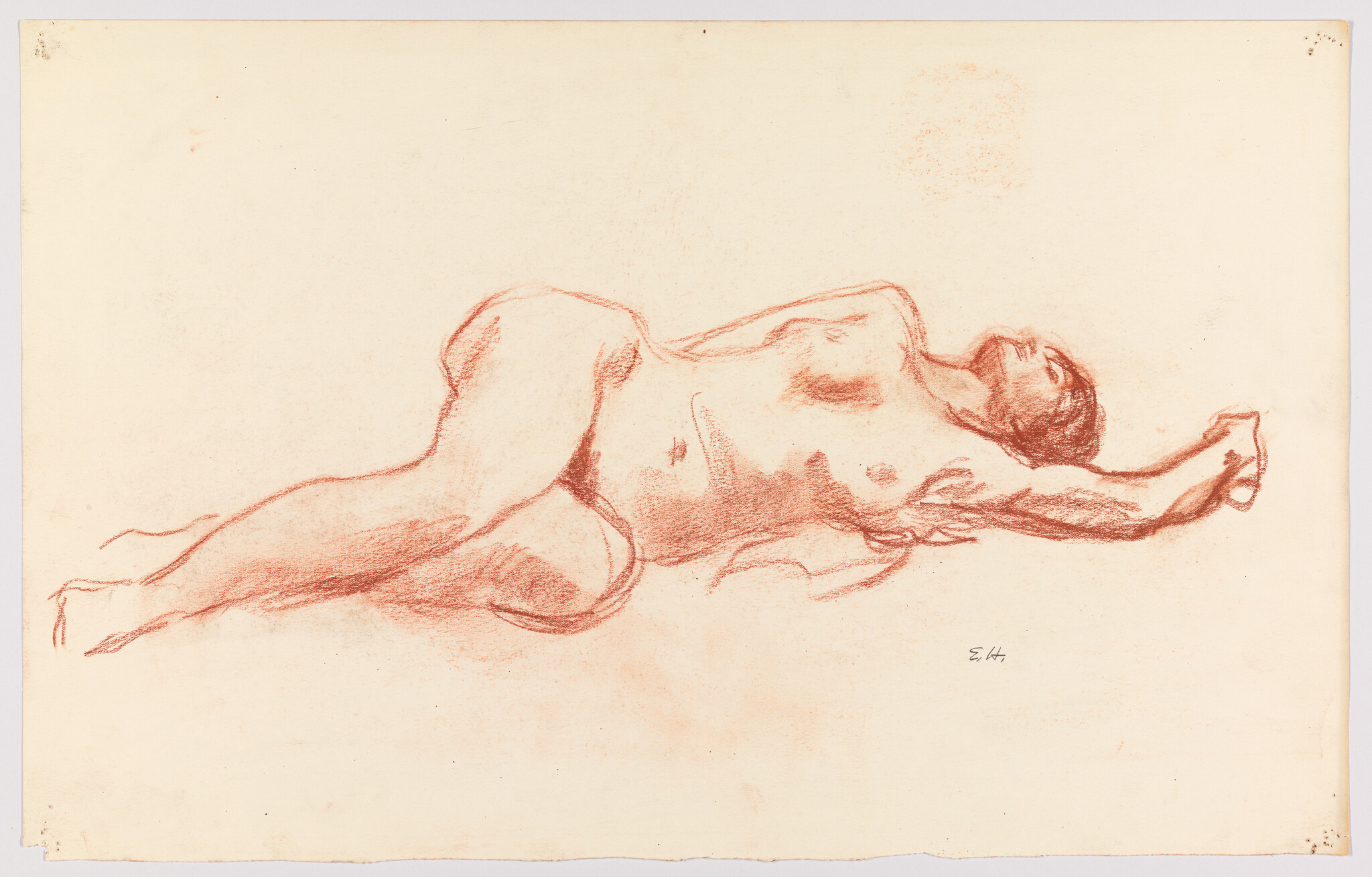 A nude woman lies reclining on her back with one arm stretched above her head.