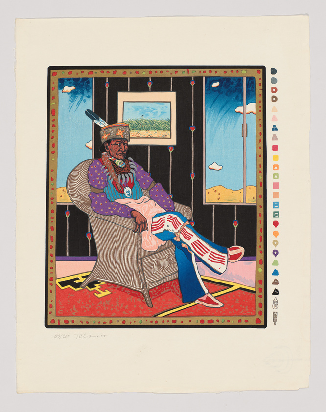 Illustration of a seated figure in regal attire with a feathered hat, holding a striped garment, beside a color test strip.