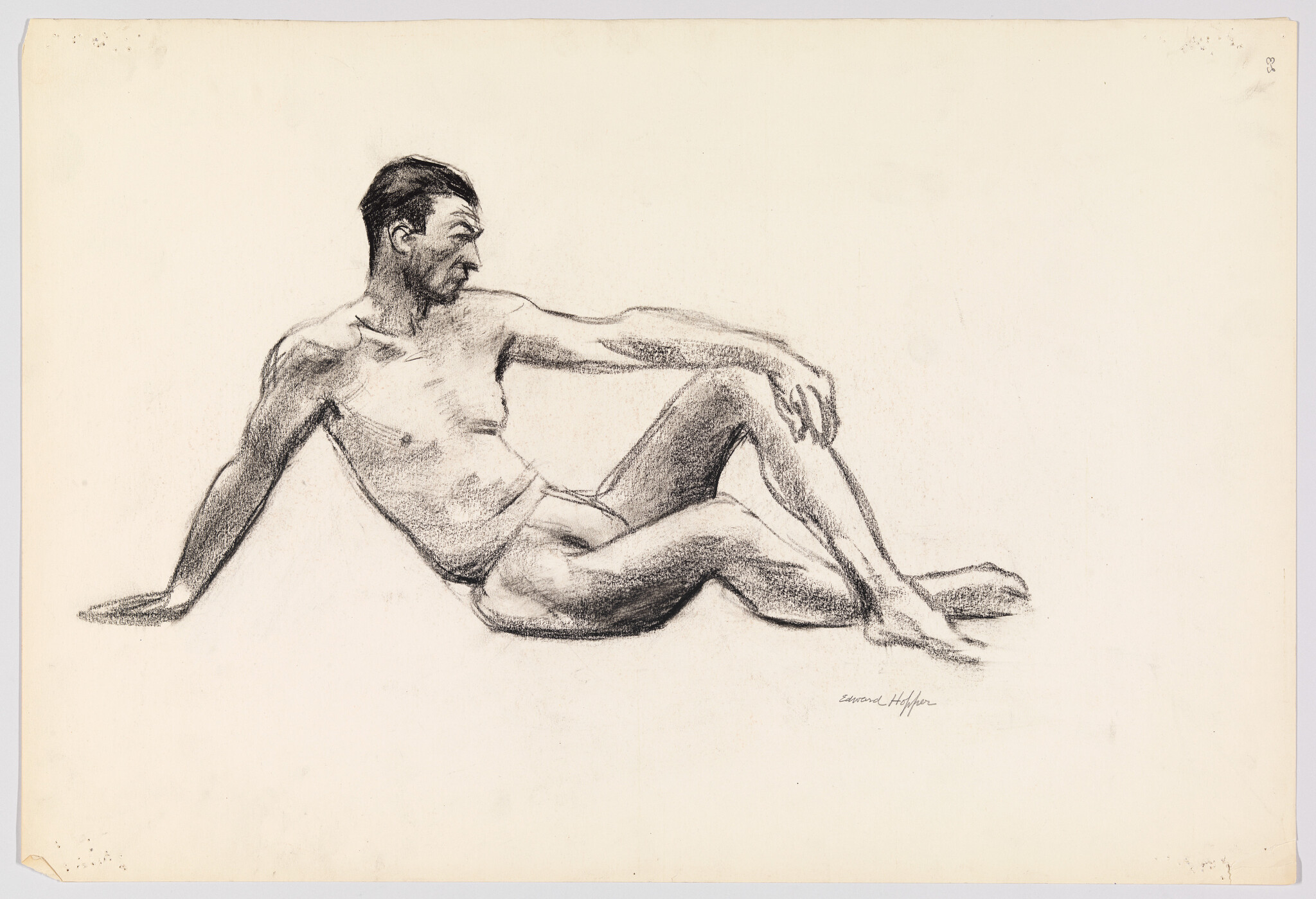 A seated nude man leans back on one arm while looking to the left.