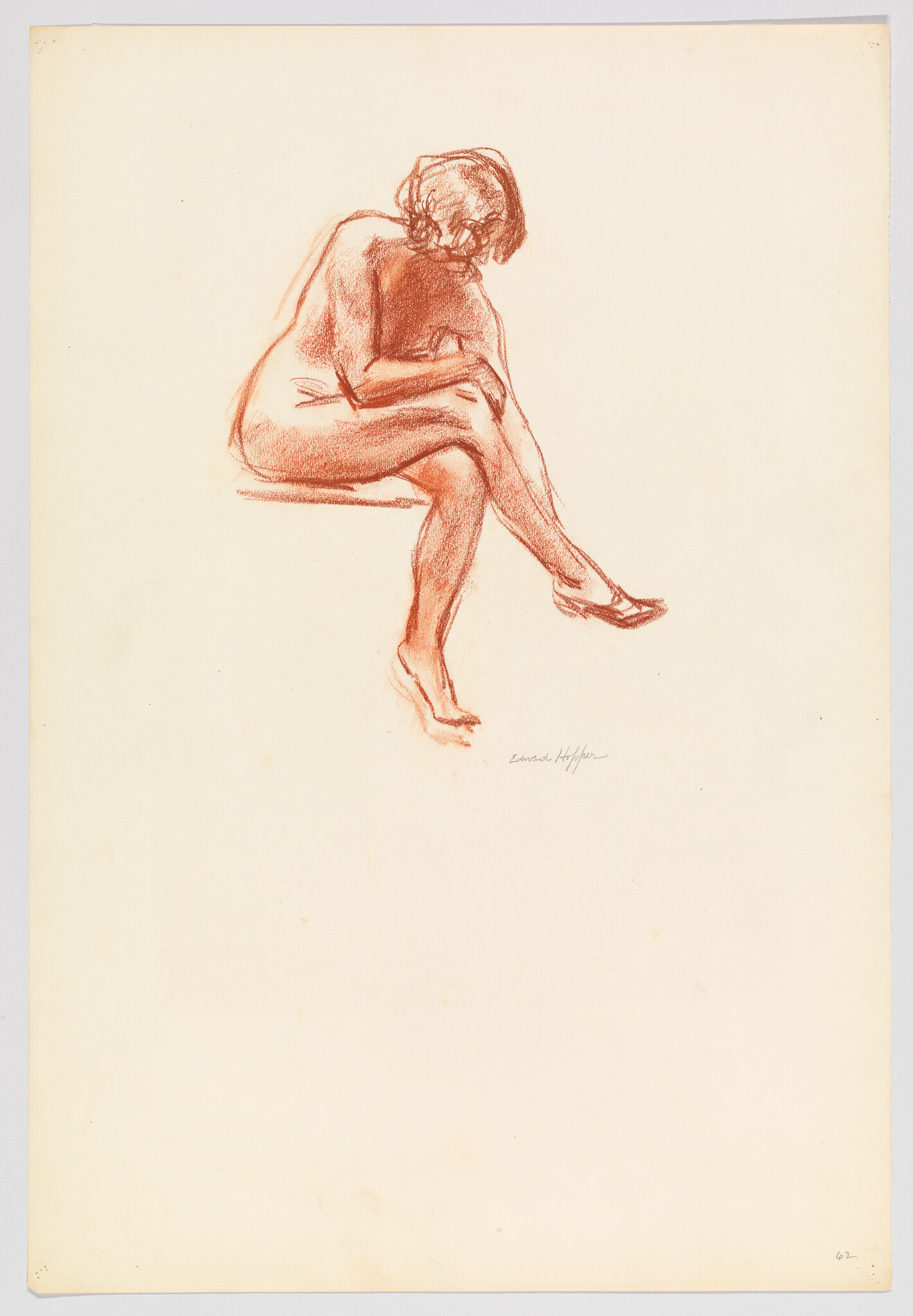 Nude woman seated on a bench, legs crossed and head bowed in a sketch.