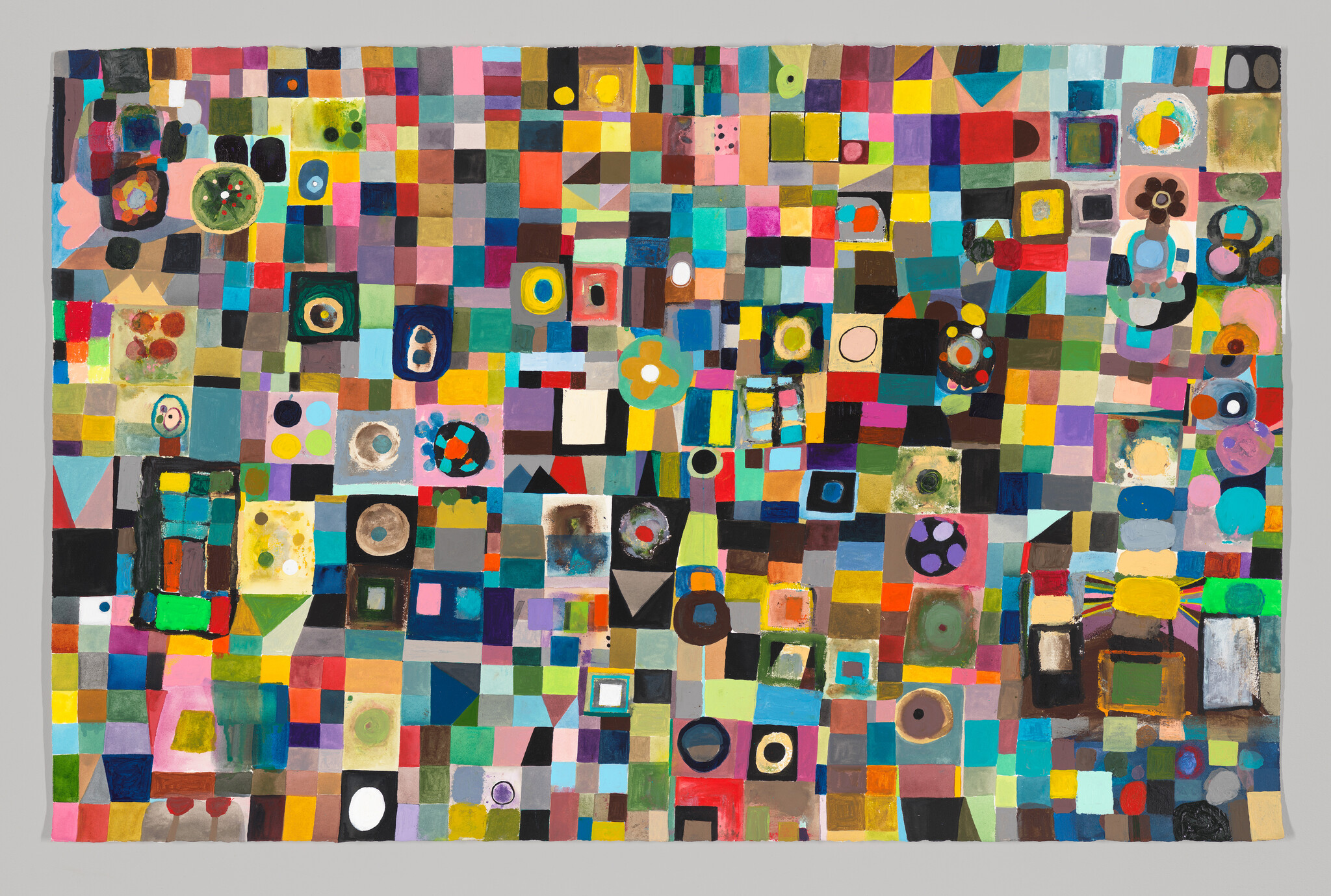 A large colorful abstract grid of painted squares and circles with varied patterns and textures.