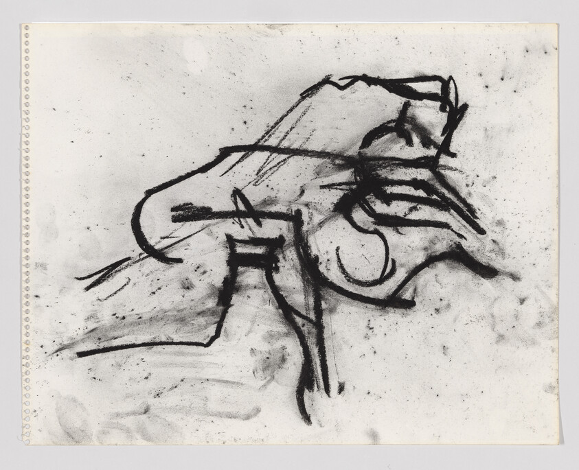 A black and white abstract charcoal sketch on a textured paper, featuring bold, expressive lines that suggest a form which could be interpreted in various ways, with perforations along the left edge indicating it may have been torn from a spiral notebook or pad.