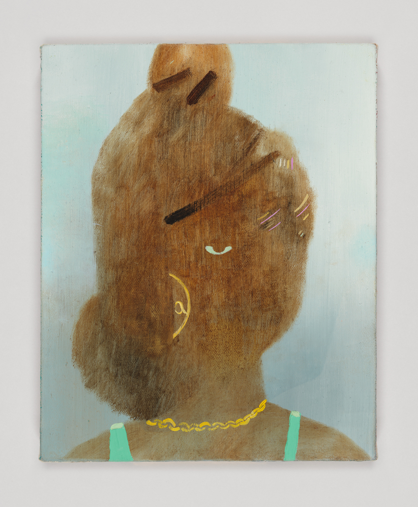 Abstract painting of a person with brown skin, a top bun, and a gold chain necklace, set against a light blue background.