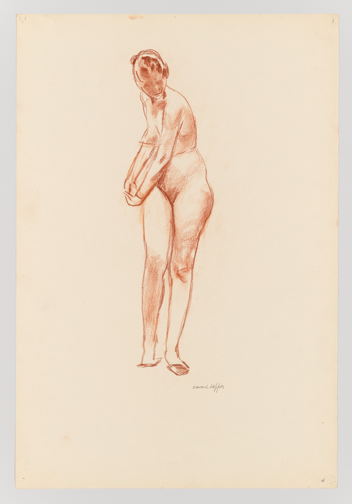 Red chalk sketch of a standing woman leaning forward with hands clasped.
