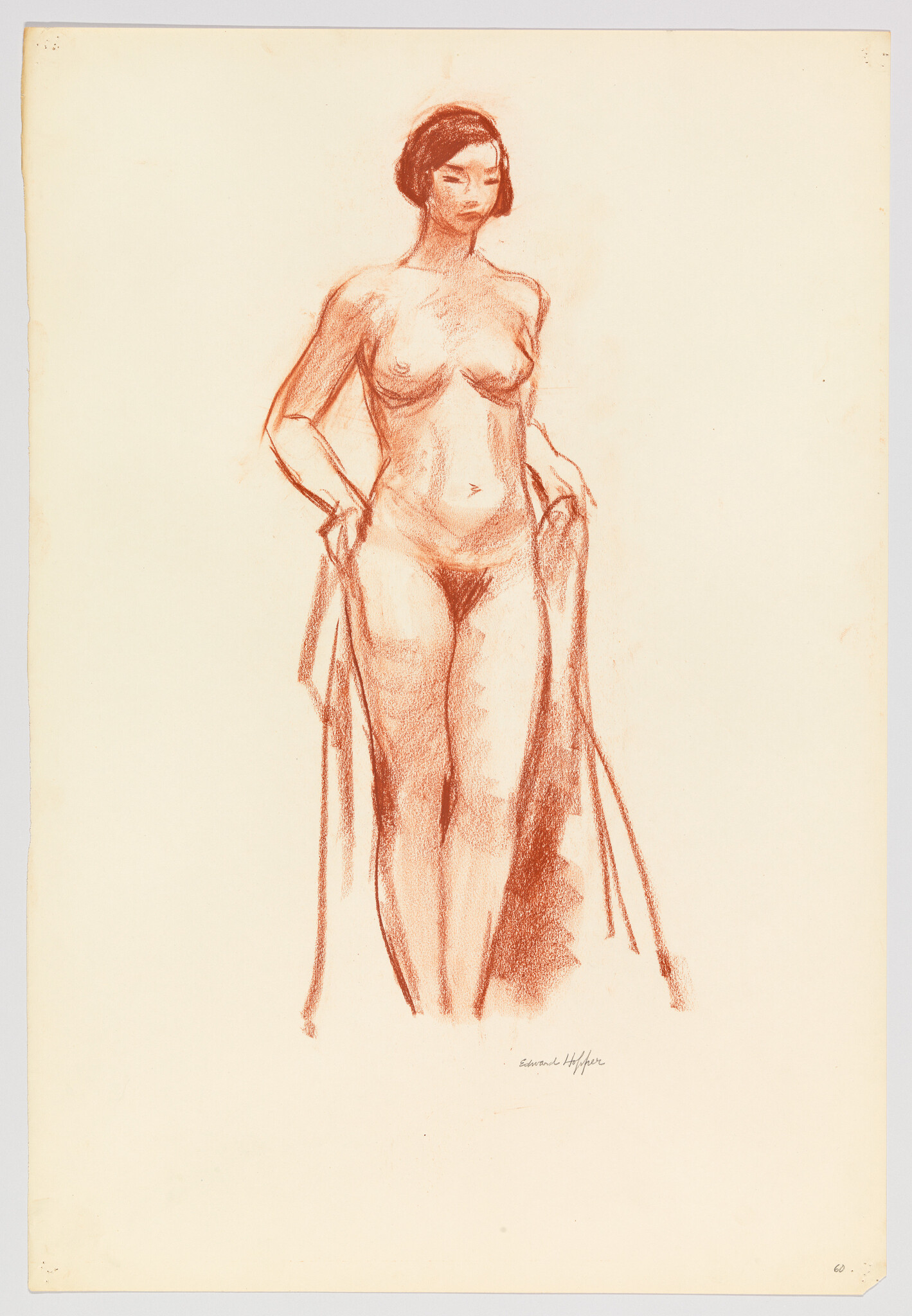 A standing nude woman holds a draped cloth at her sides with a calm expression.