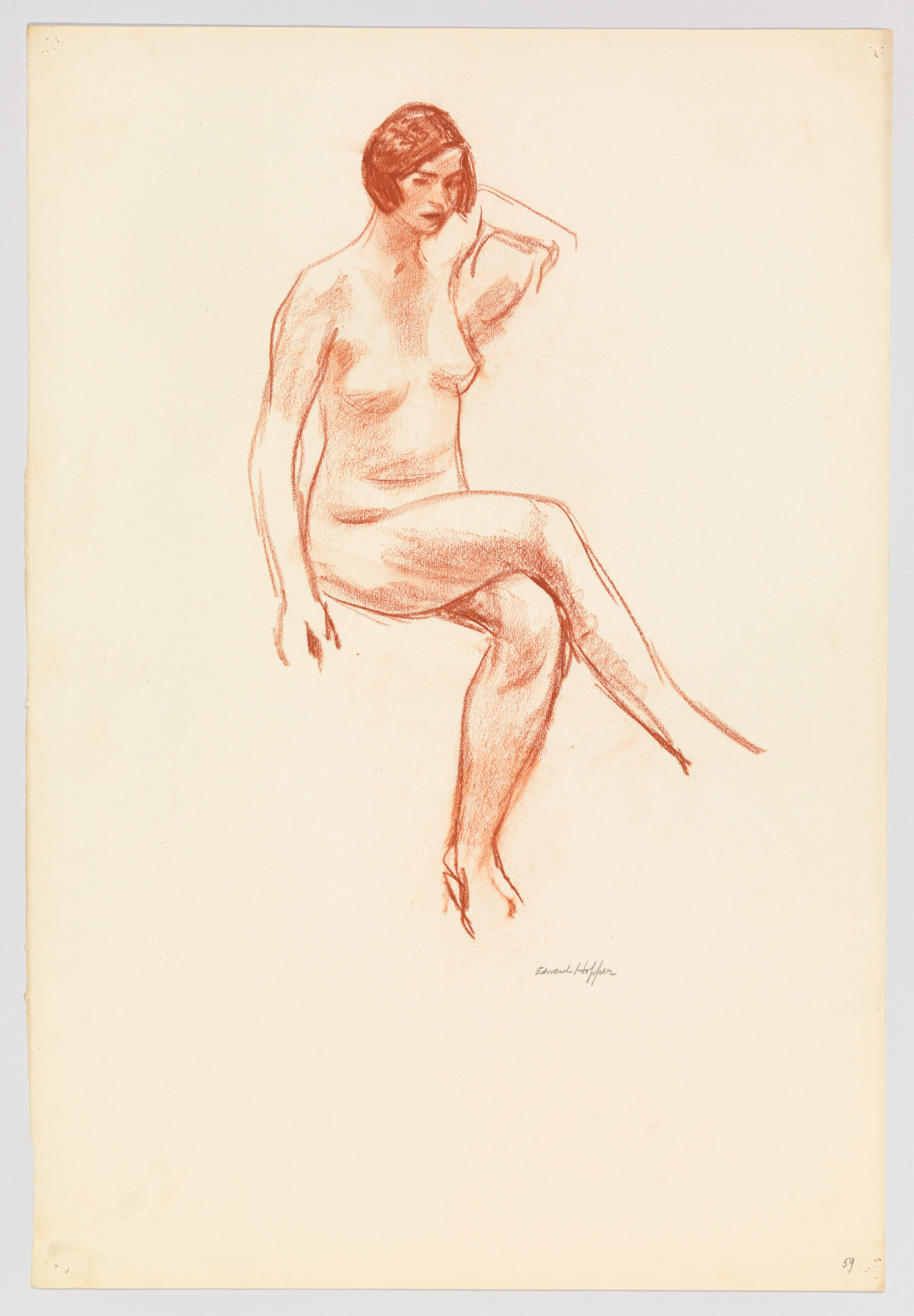 A seated nude woman with short hair touches her head while crossing her legs.