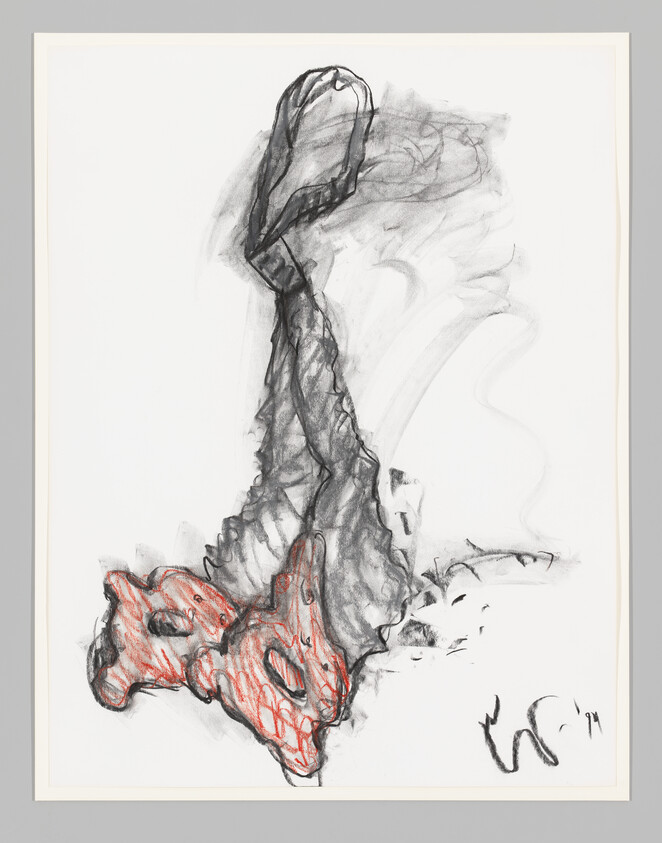 Charcoal and red pastel sketch of a twisted fabric-like form rising from a textured base.