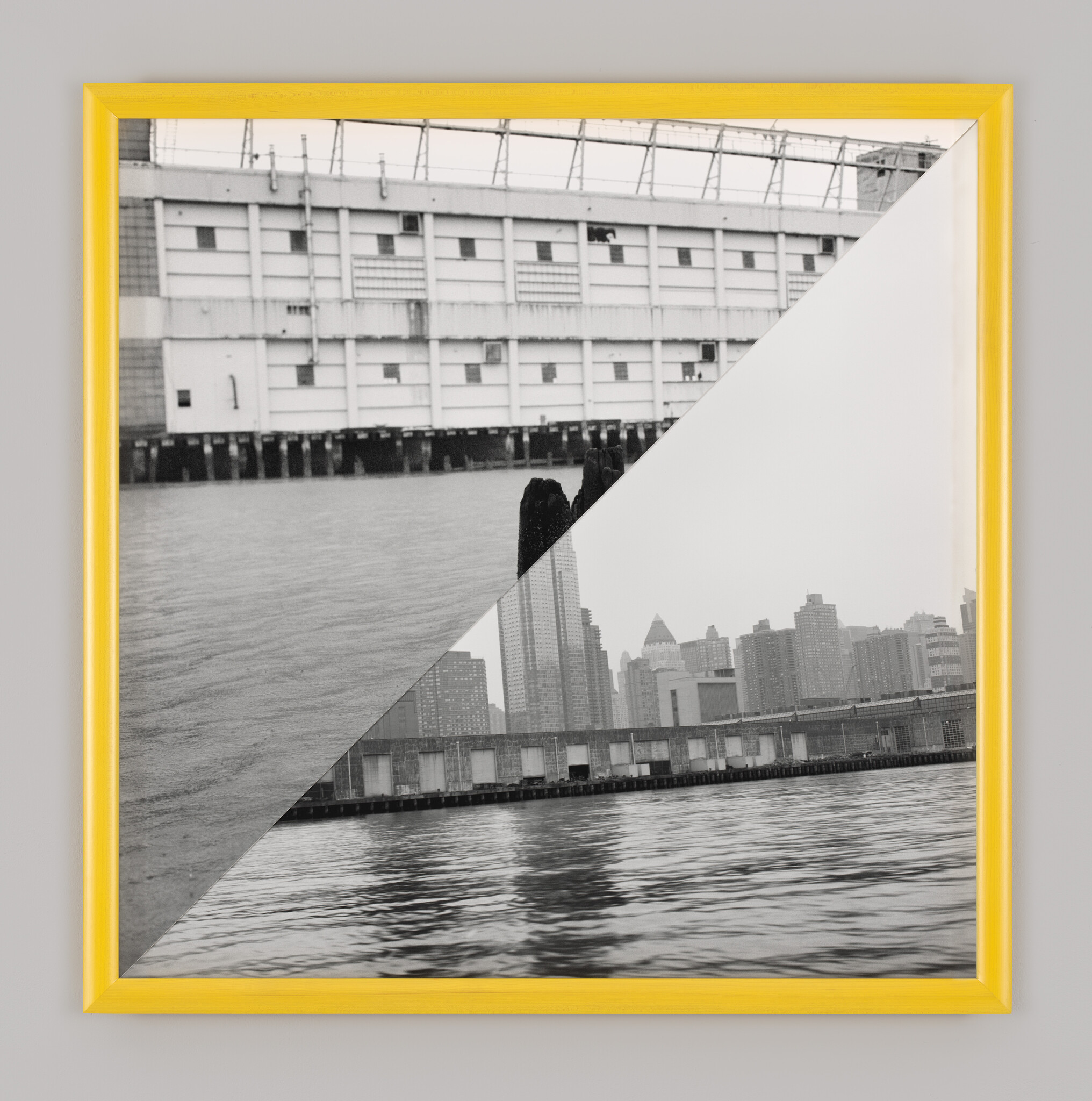 Yellow-framed black-and-white collage showing a waterfront pier and distant city skyline.