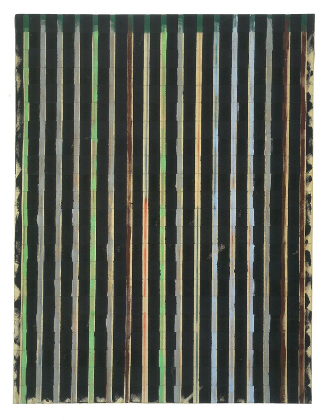 Vertical stripes in green, yellow, blue, and brown on a dark background, forming a simple geometric pattern.