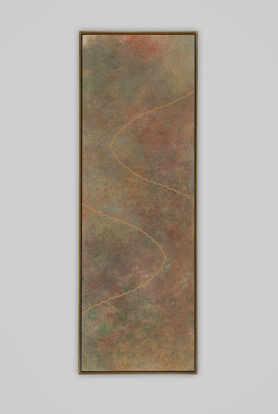 Tall framed abstract painting with muted earth tones and a thin winding gold line.