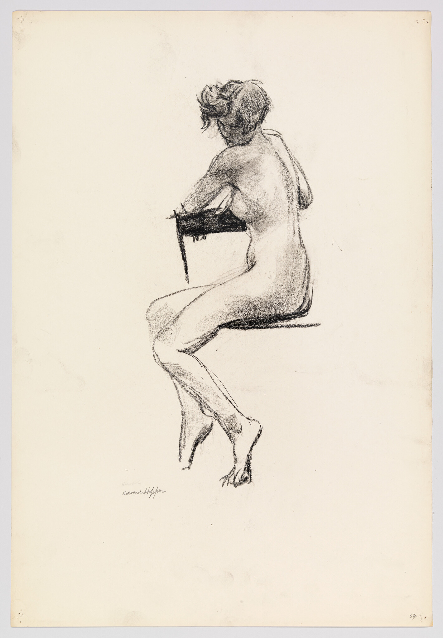 A charcoal sketch of a seated nude woman leaning on the back of a chair.