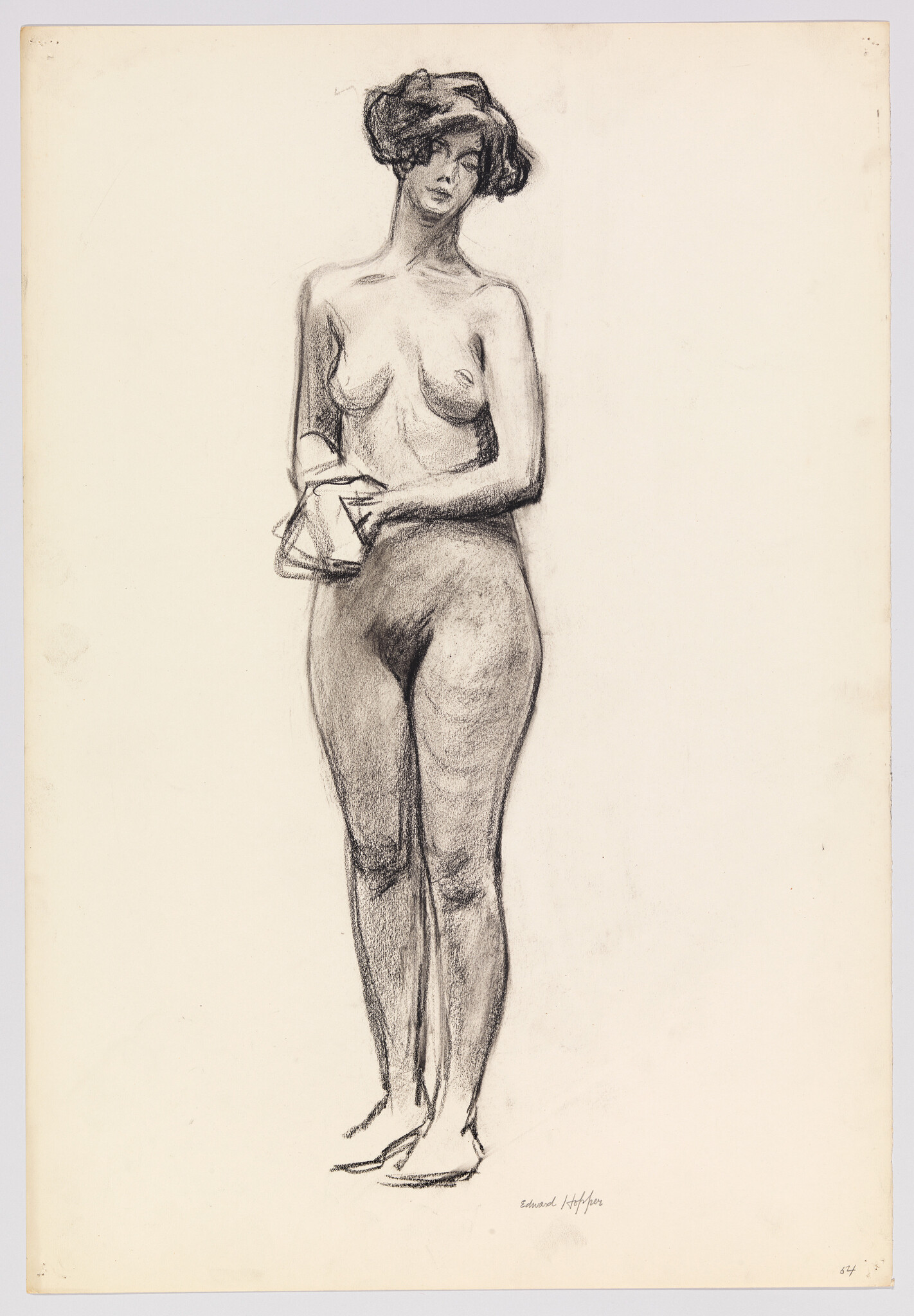 A standing nude woman holds a small cloth or towel while looking slightly down.