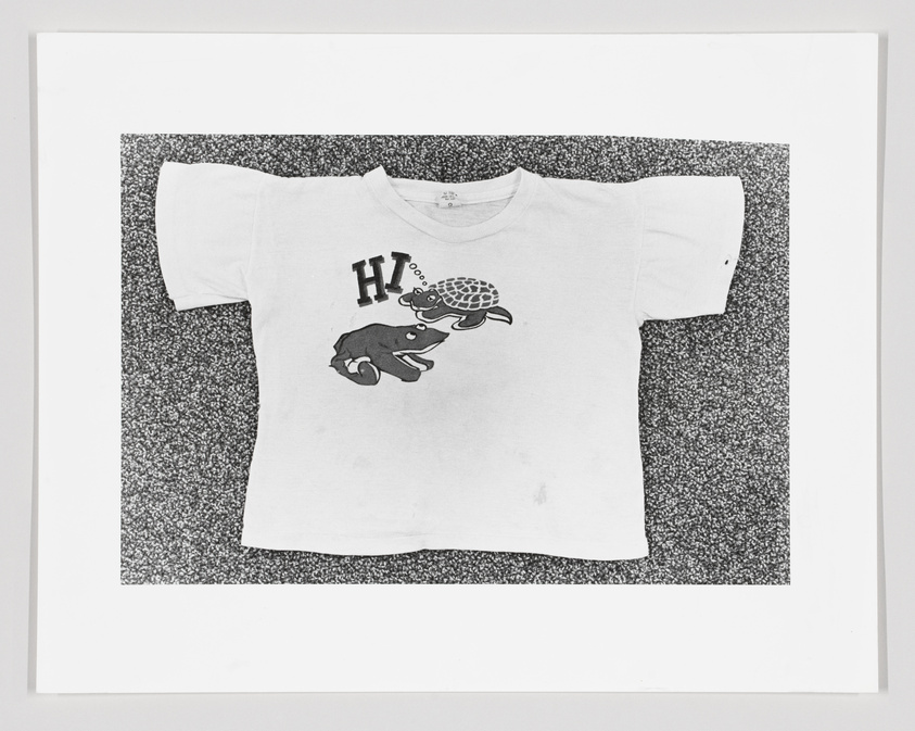 A child's white t-shirt with a cartoon turtle and dog print, displayed on a speckled background, framed on a wall.