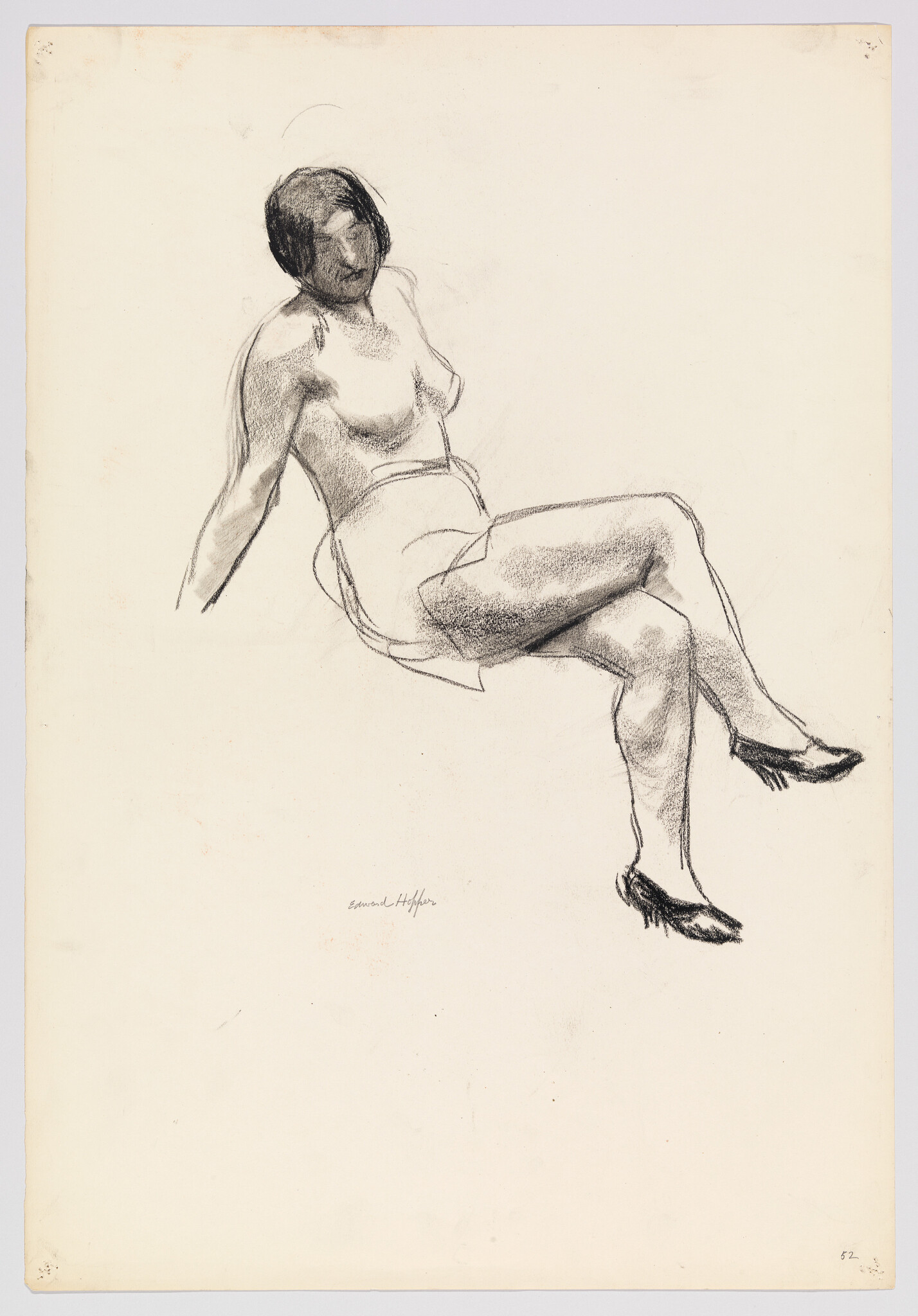 A charcoal sketch shows a seated woman leaning back with crossed legs and heels.