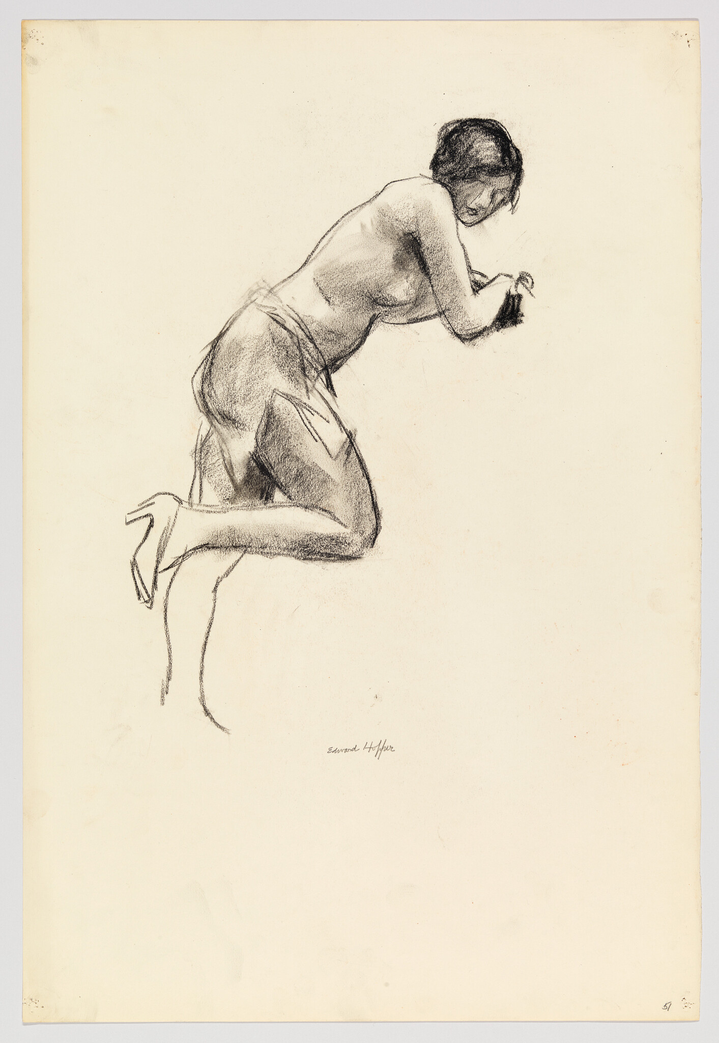 A charcoal sketch of a woman kneeling and leaning forward, resting on her folded arms.