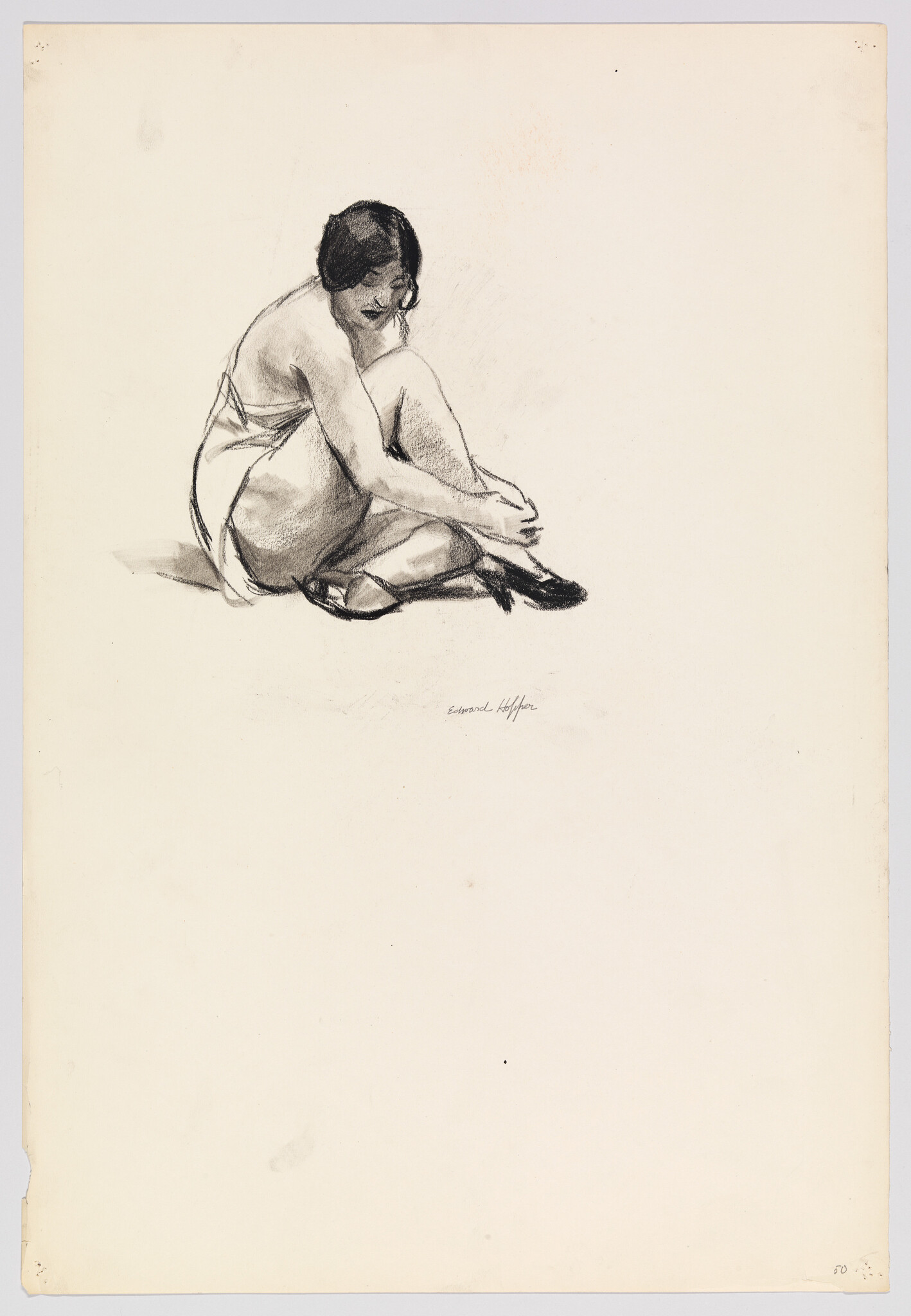 A seated woman in a simple dress bends forward, fastening or removing her shoe.