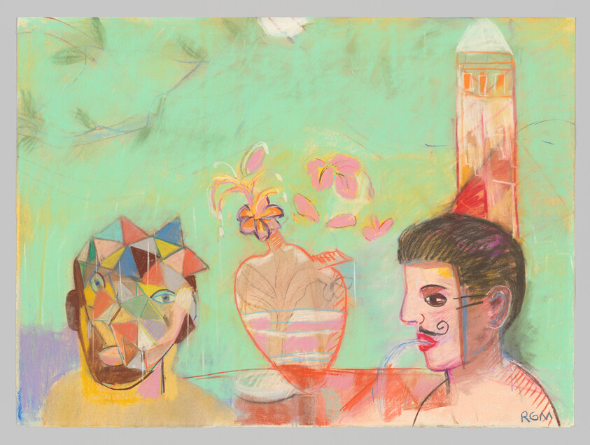 Two stylized faces flank a vase of flowers on a table in pastel colors.