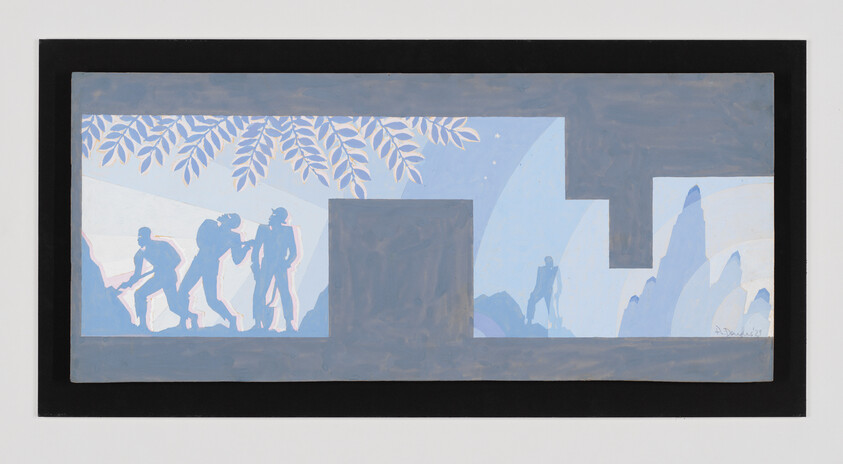 Silhouetted figures climb and walk across a pale blue landscape beneath leafy branches and geometric shapes.