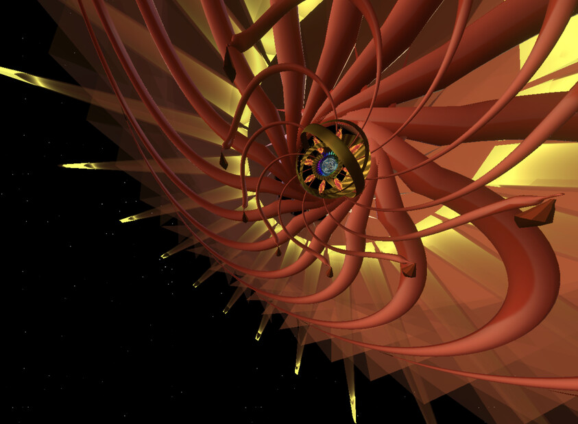 Abstract 3D spiral design with red and yellow hues, featuring a central globe-like element, set against a starry black background.